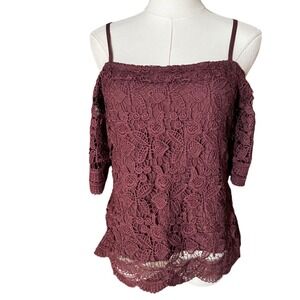 Miss Chievous Dusty Wine Lace Cold Shoulder Top Burgundy Small NEW